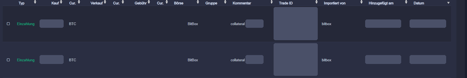 Zwei Einzahlungen auf der BitBox in der CoinTracking-Transaktionsliste