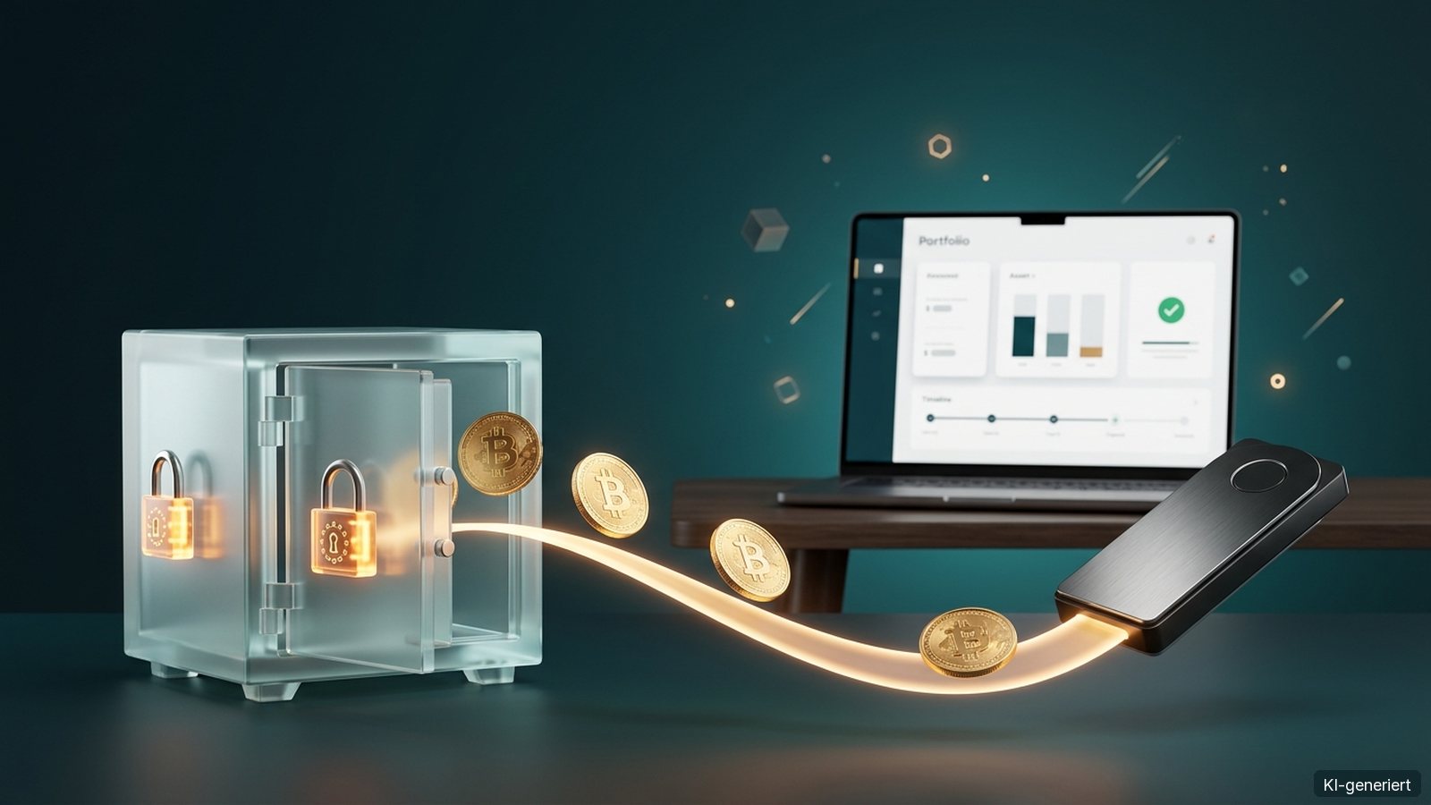 Bitcoin wandern aus einem gläsernen Tresor zurück in eine Hardware-Wallet, daneben ein Laptop mit Kontoübersicht