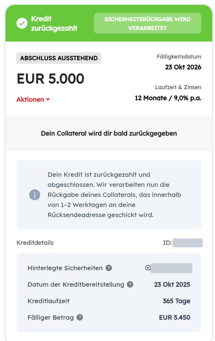 Firefish-Kreditübersicht nach der Rückzahlung: 5.000 €, 12 Monate, 9,0 % p. a., Sicherheitsrückgabe wird verarbeitet