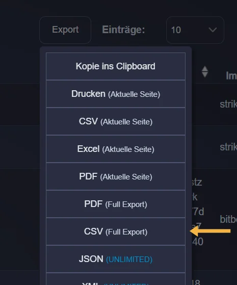 CoinTracking: geöffnetes Export-Menü im Bereich Transaktion mit der Option CSV (Full Export)