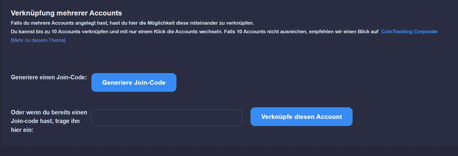 CoinTracking: Bereich „Verknüpfung mehrerer Accounts" mit dem Button „Generiere Join-Code" und dem Eingabefeld für einen bestehenden Join-Code